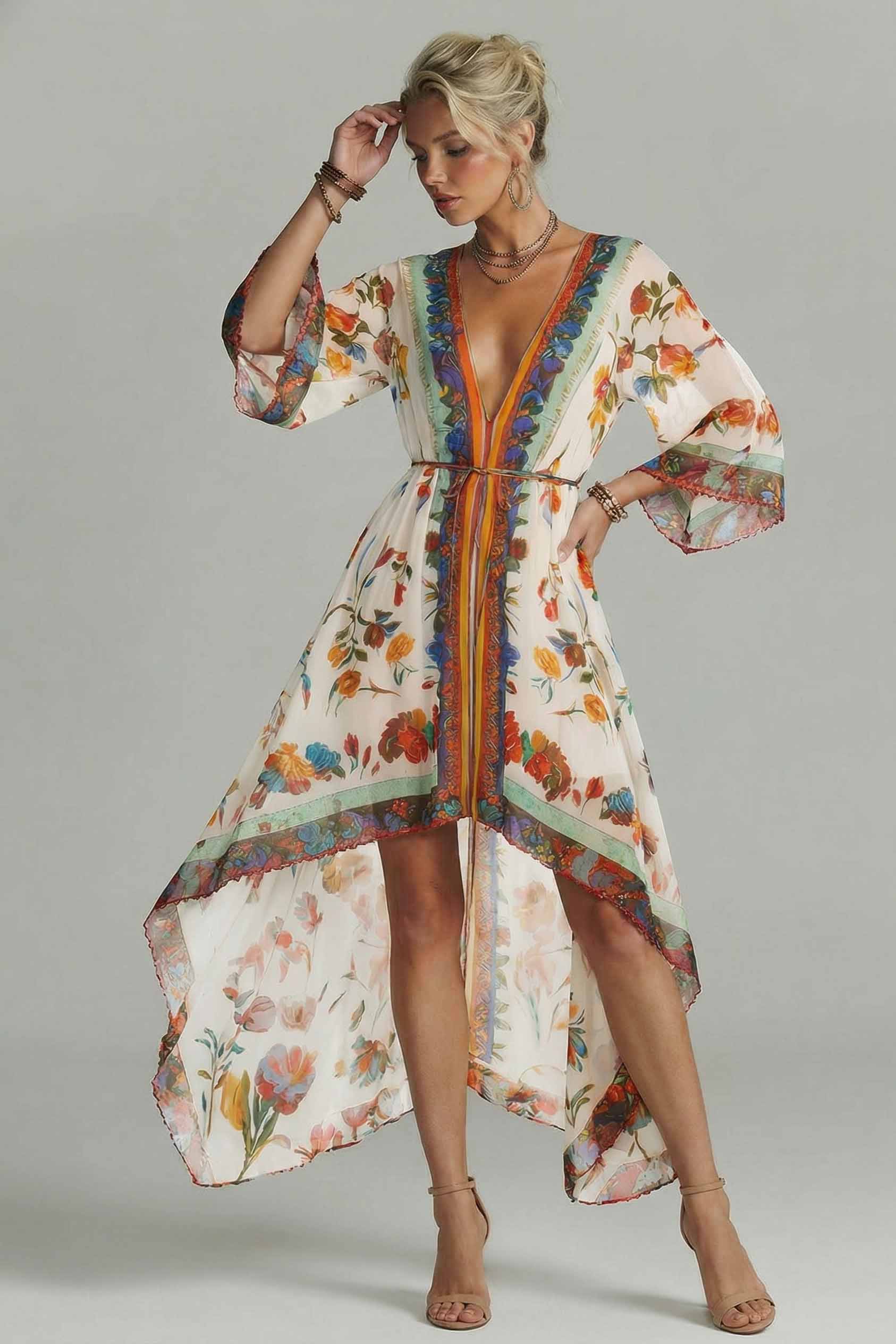 Boho Printed Low High Design Chiffon Beach Dresses