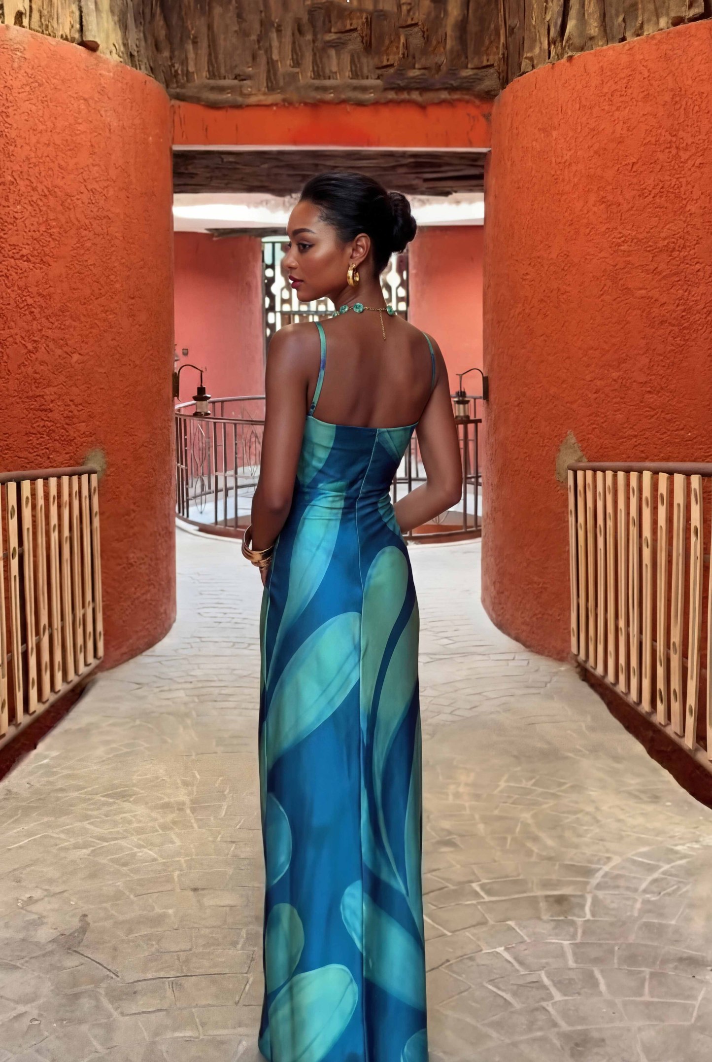 Printed Lace-Up Design Maxi Dress