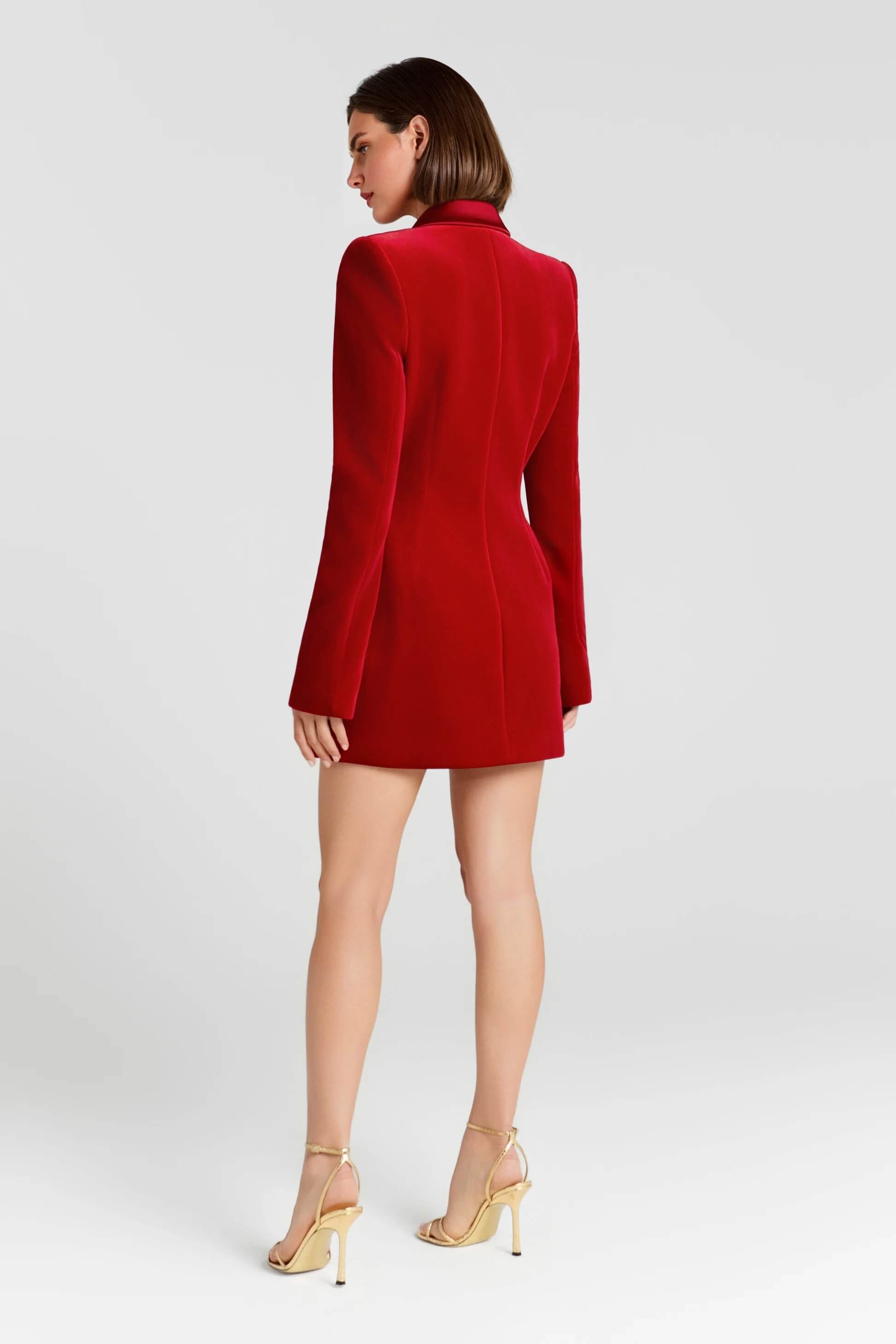Exquisite Deep Red Double-Breasted Velvet Blazer Mini Dress