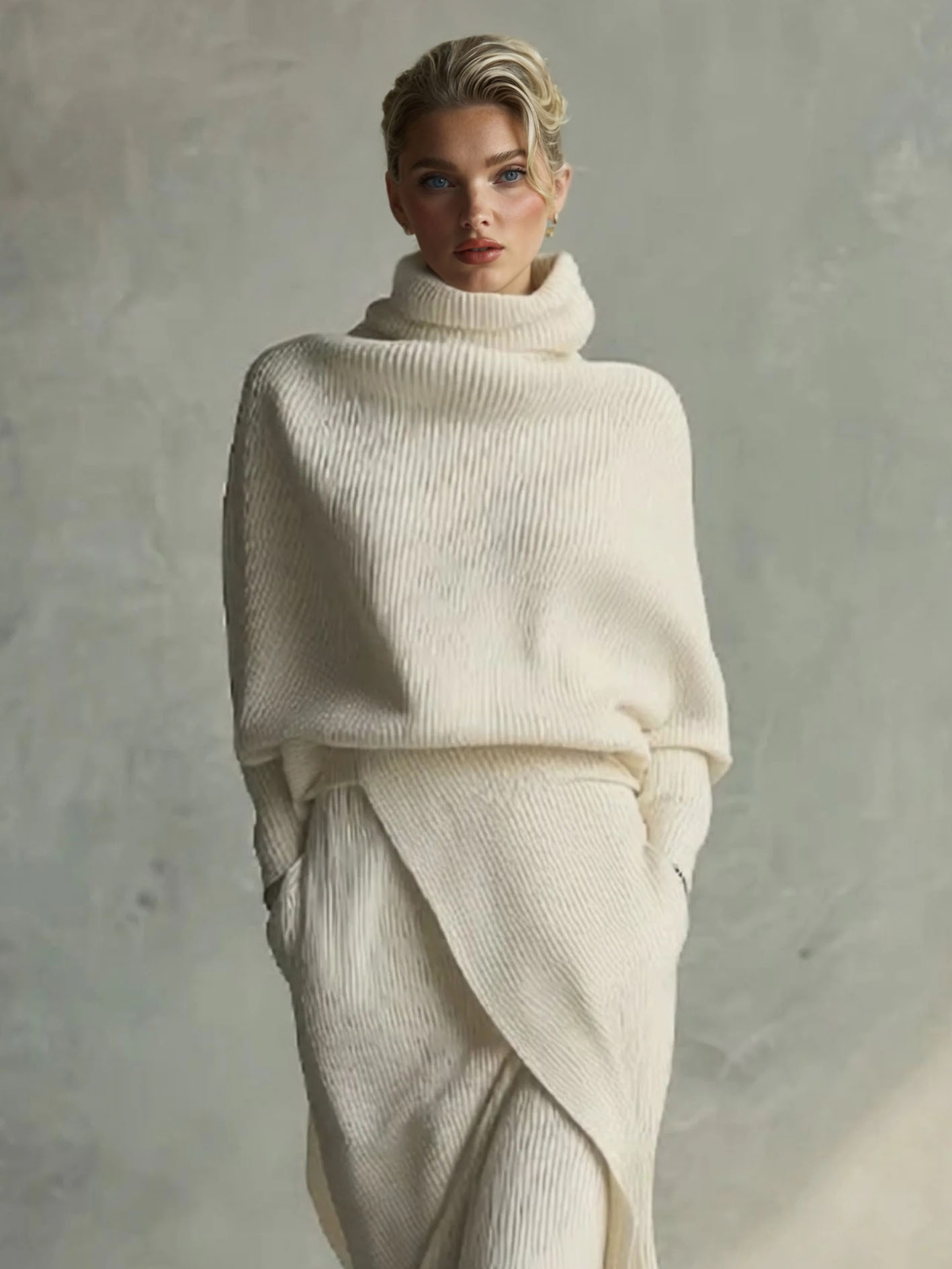 Casual Turtleneck Sweater And Asymmetrical Skirt Set