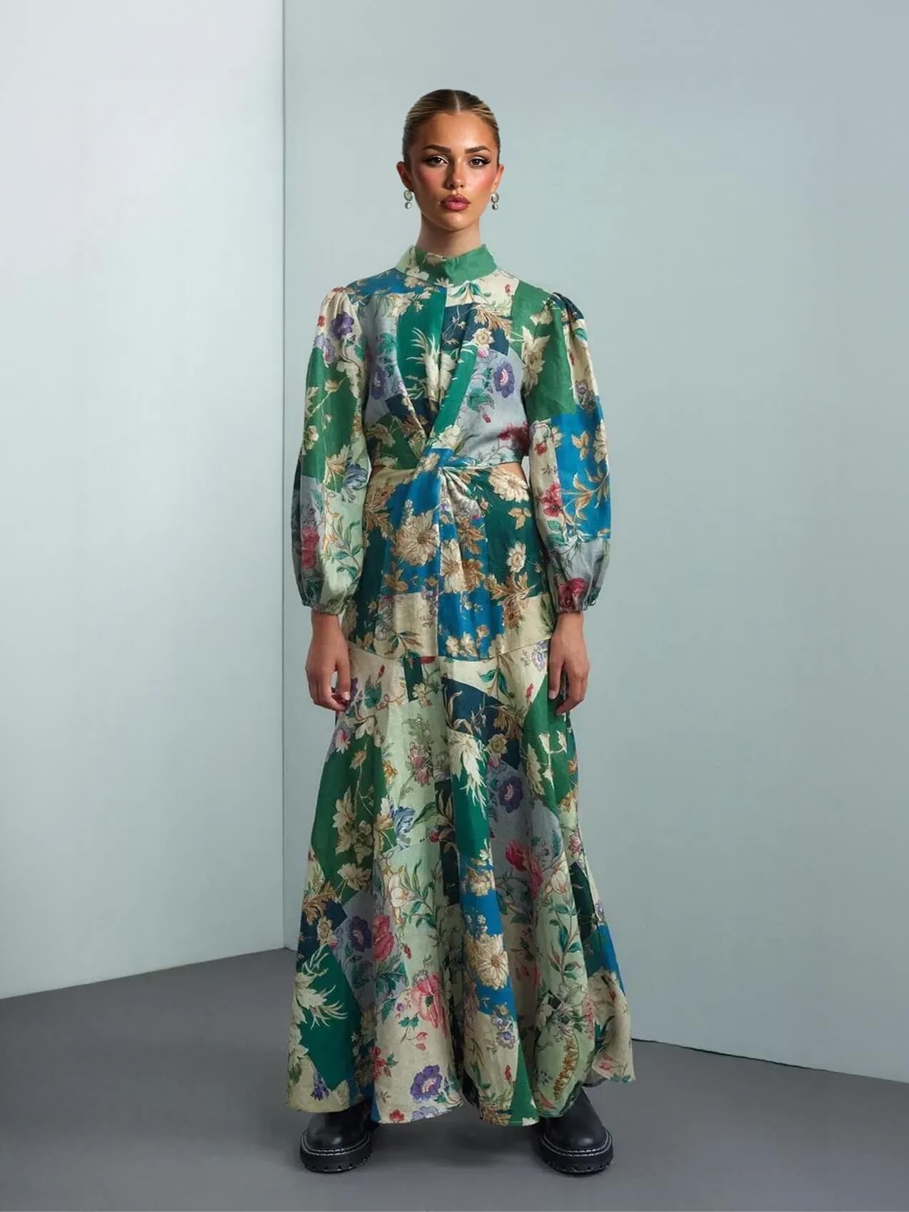 Delicate Floral Print Tie-Back Lantern Sleeve Maxi Dress