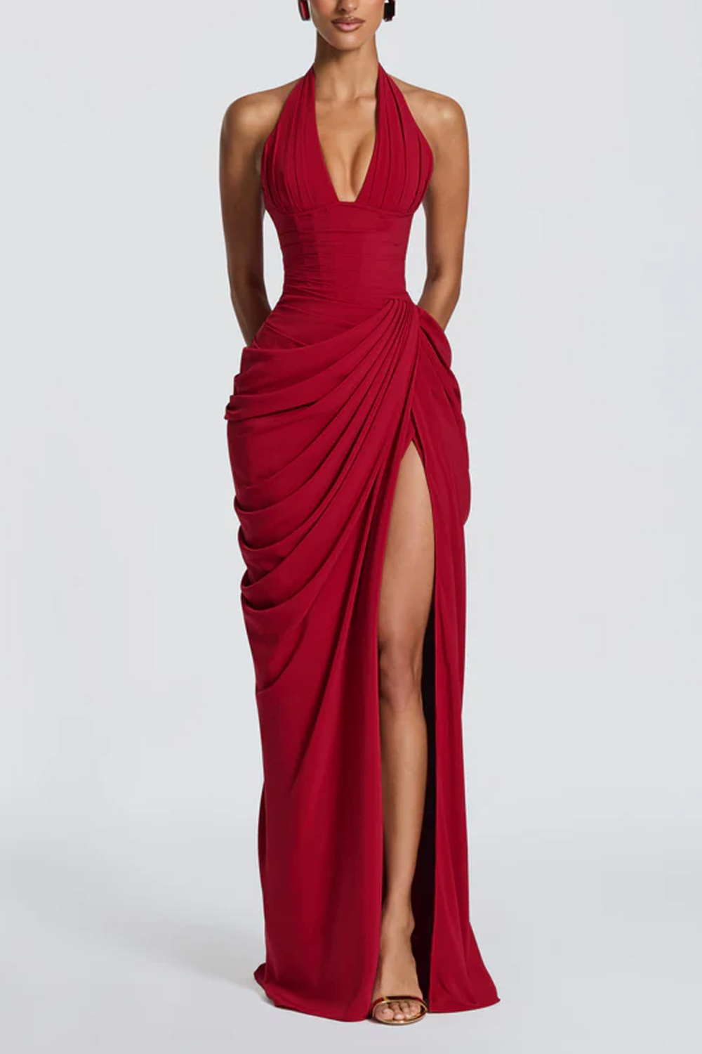Long Dress With Deep Neck V-pleated Split