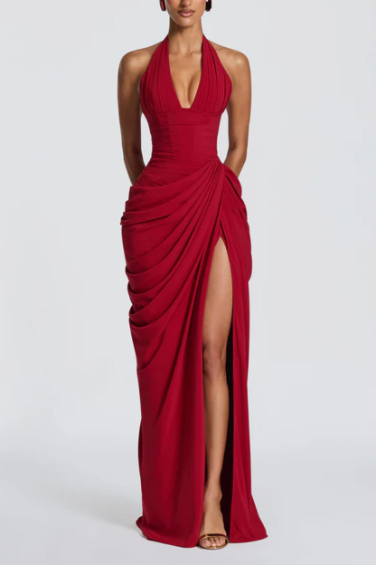 Long Dress With Deep Neck V-pleated Split