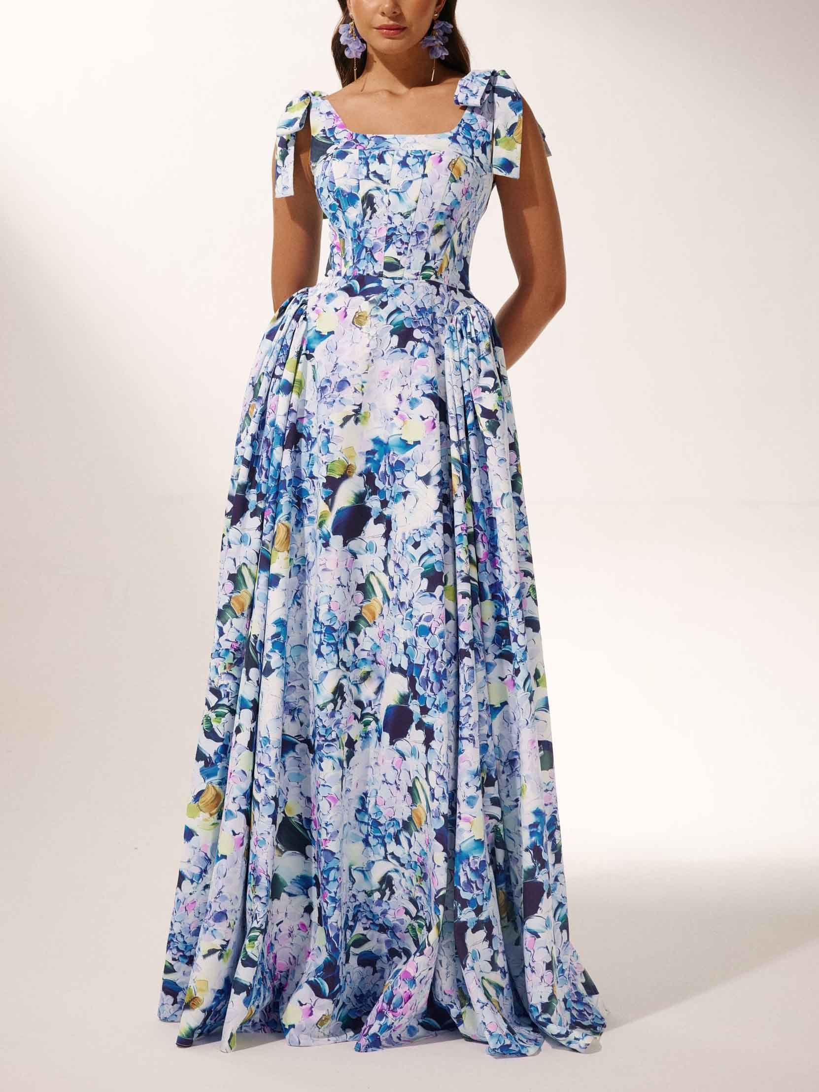 Bow Strap Hydrangea Print Maxi Dress