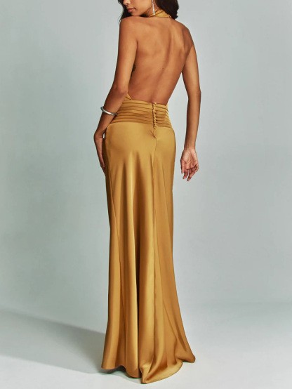 Elegant Chic Halter Neck Satin Party Maxi Dress