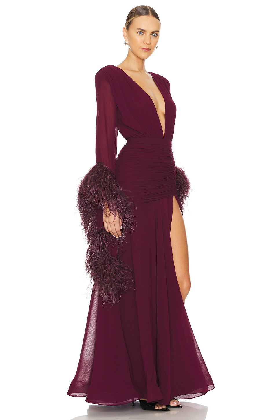 Elegant V-Neck Feather Cuff Flowing Chiffon Maxi Dress