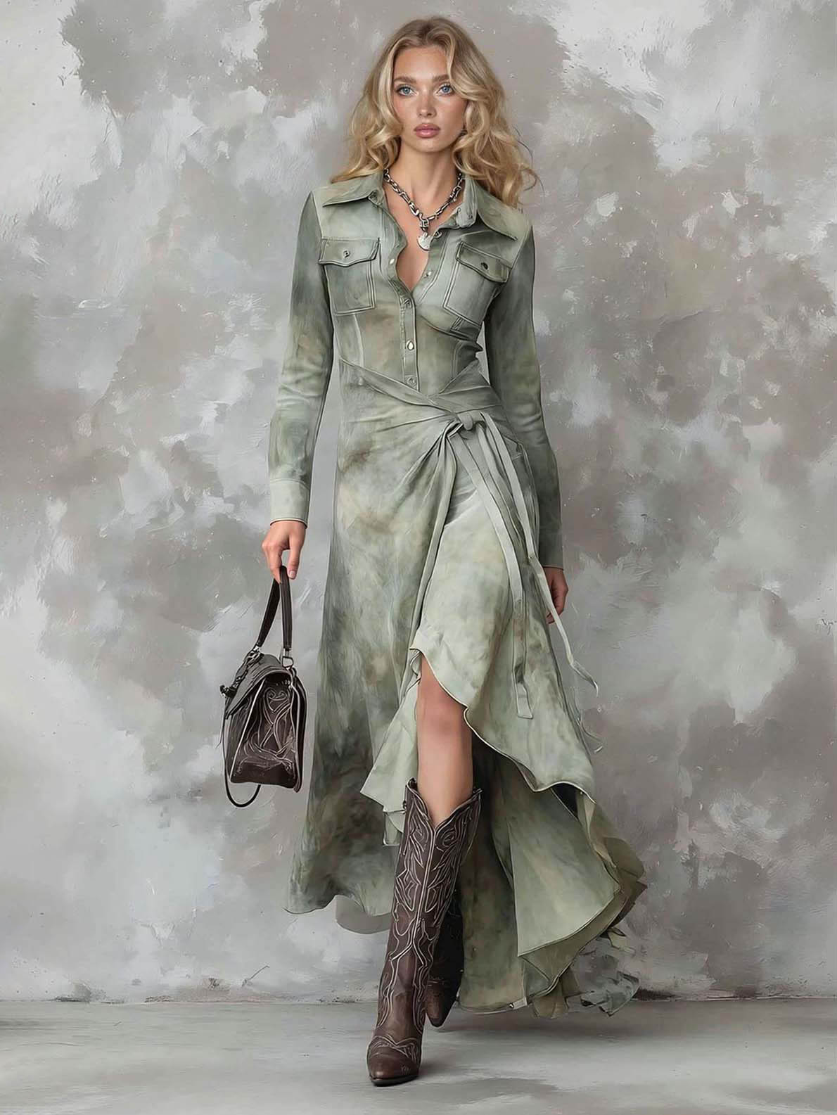 Retro Tie-Dye Print Shirt Collar Maxi Dress