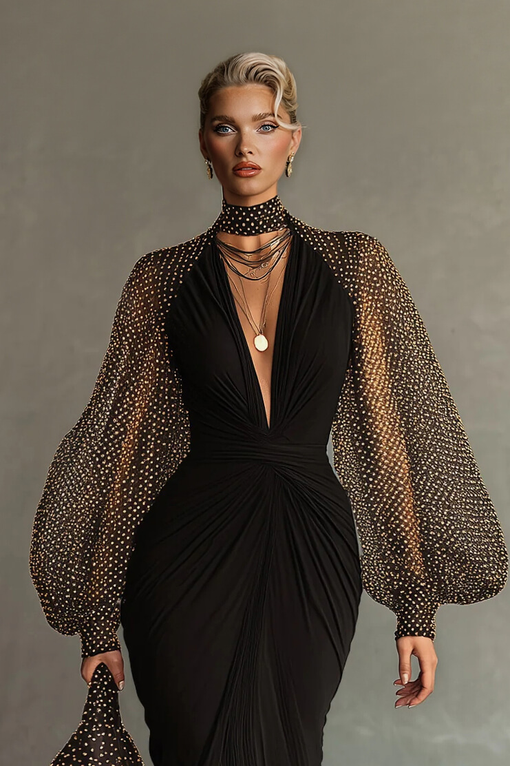 Elegant Mesh Polka Dot Ruched Waist Front-Slit Maxi Dress