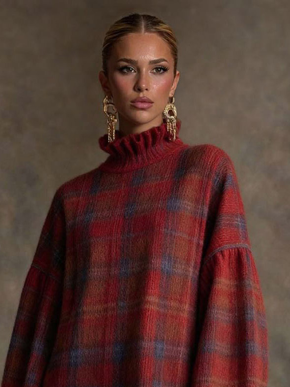 Casual Plaid Fun Ruffle Sweater Dress