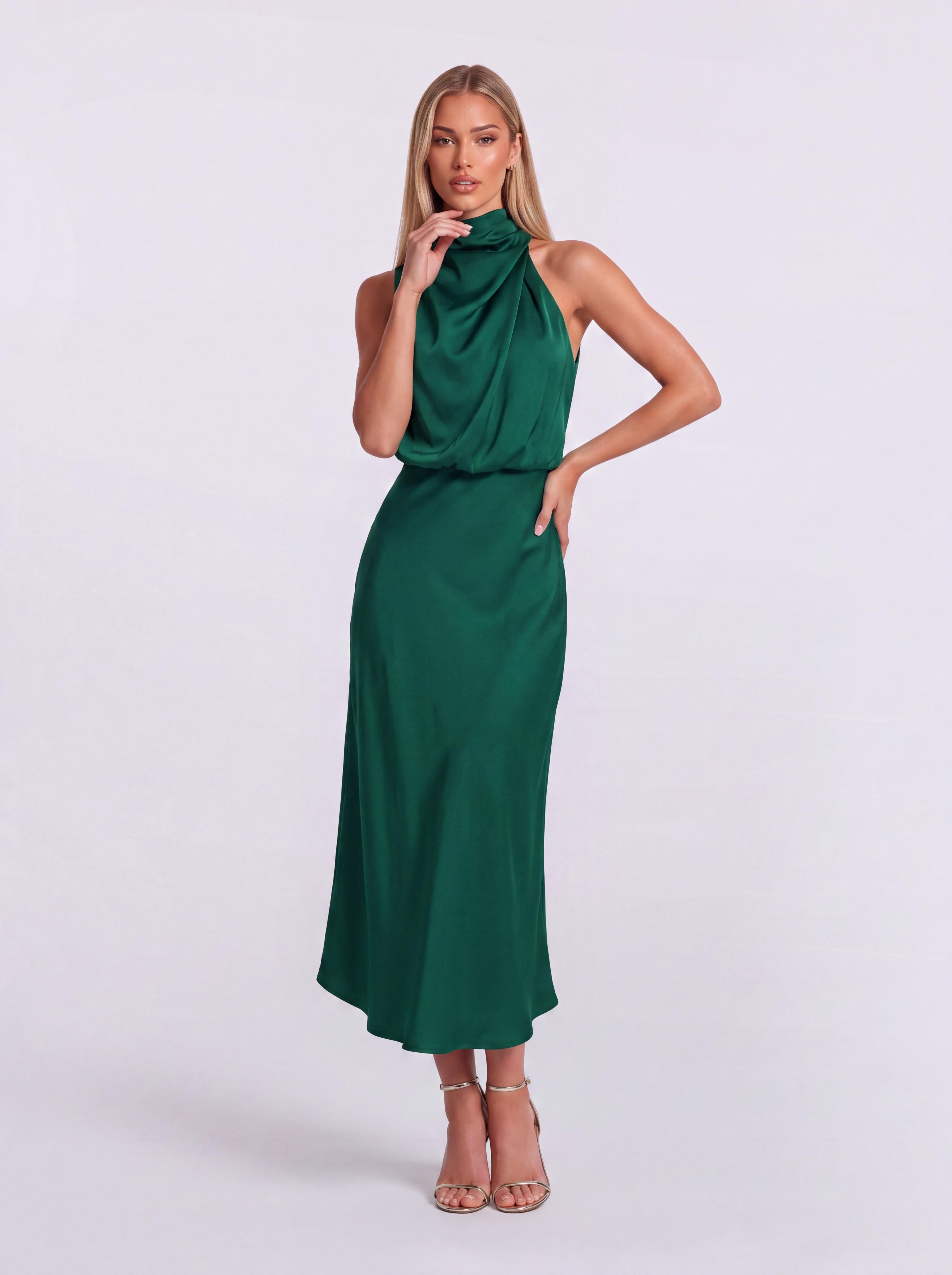 Slim-Fit Fishtail Mid-Length Neck Satin Dress
