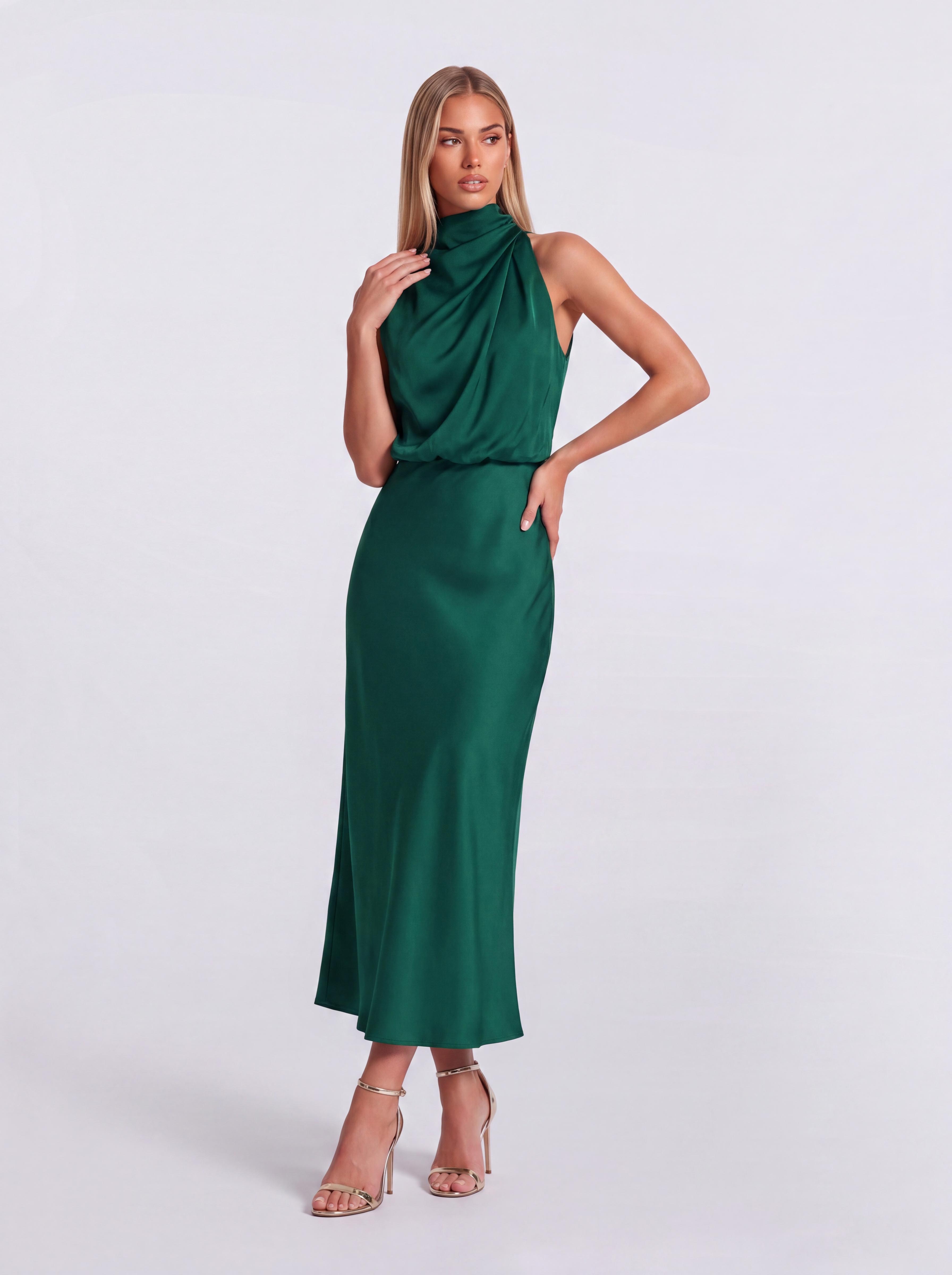 Slim-Fit Fishtail Mid-Length Neck Satin Dress