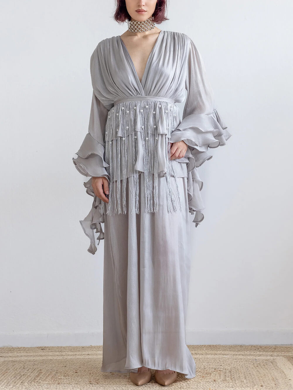 Elegant V-Neck Ruffle Ruched Chiffon Maxi Dress