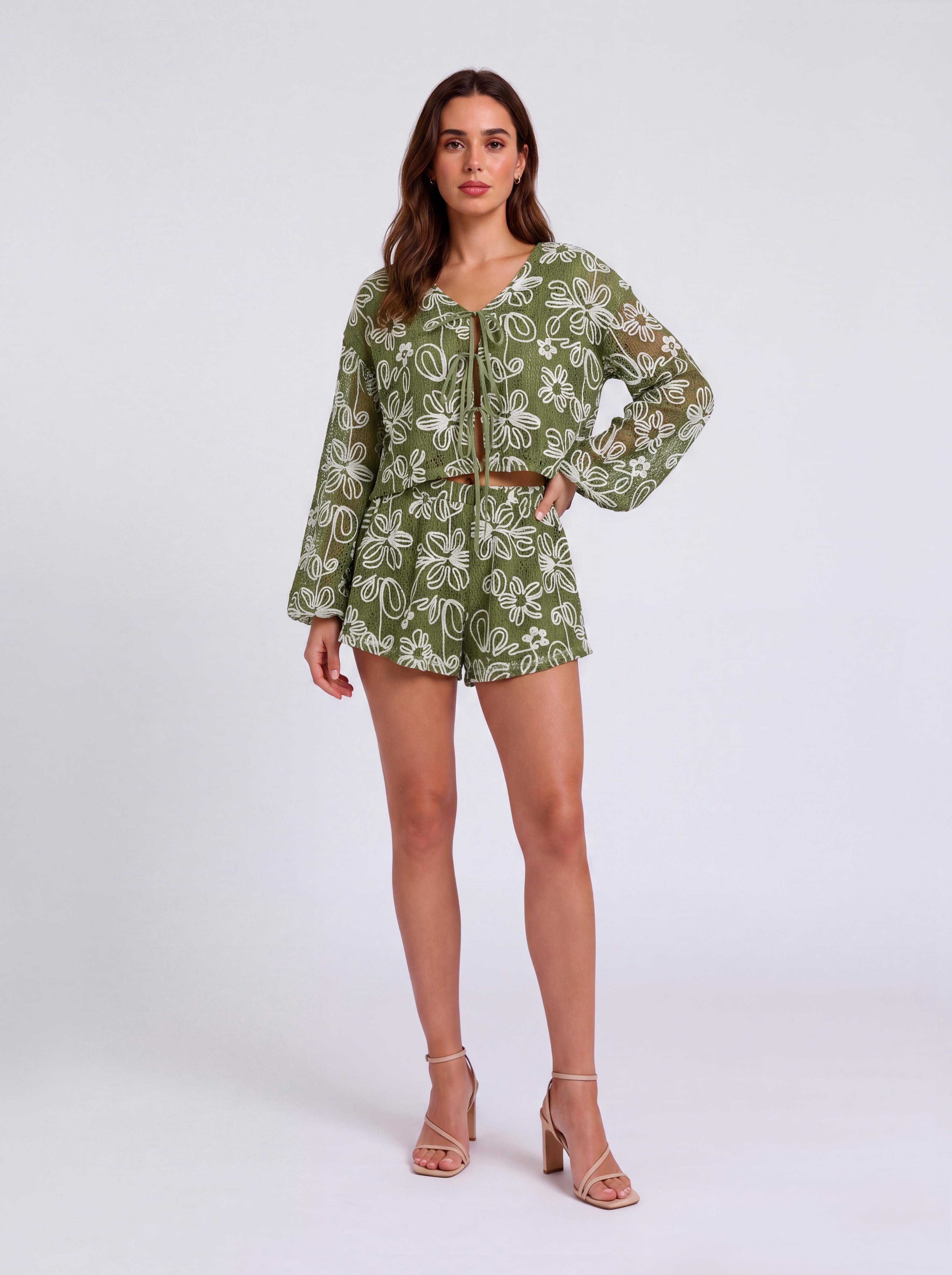 V-Neck Long-Sleeved Lace-Up Top Shorts Holiday Two-Piece Set