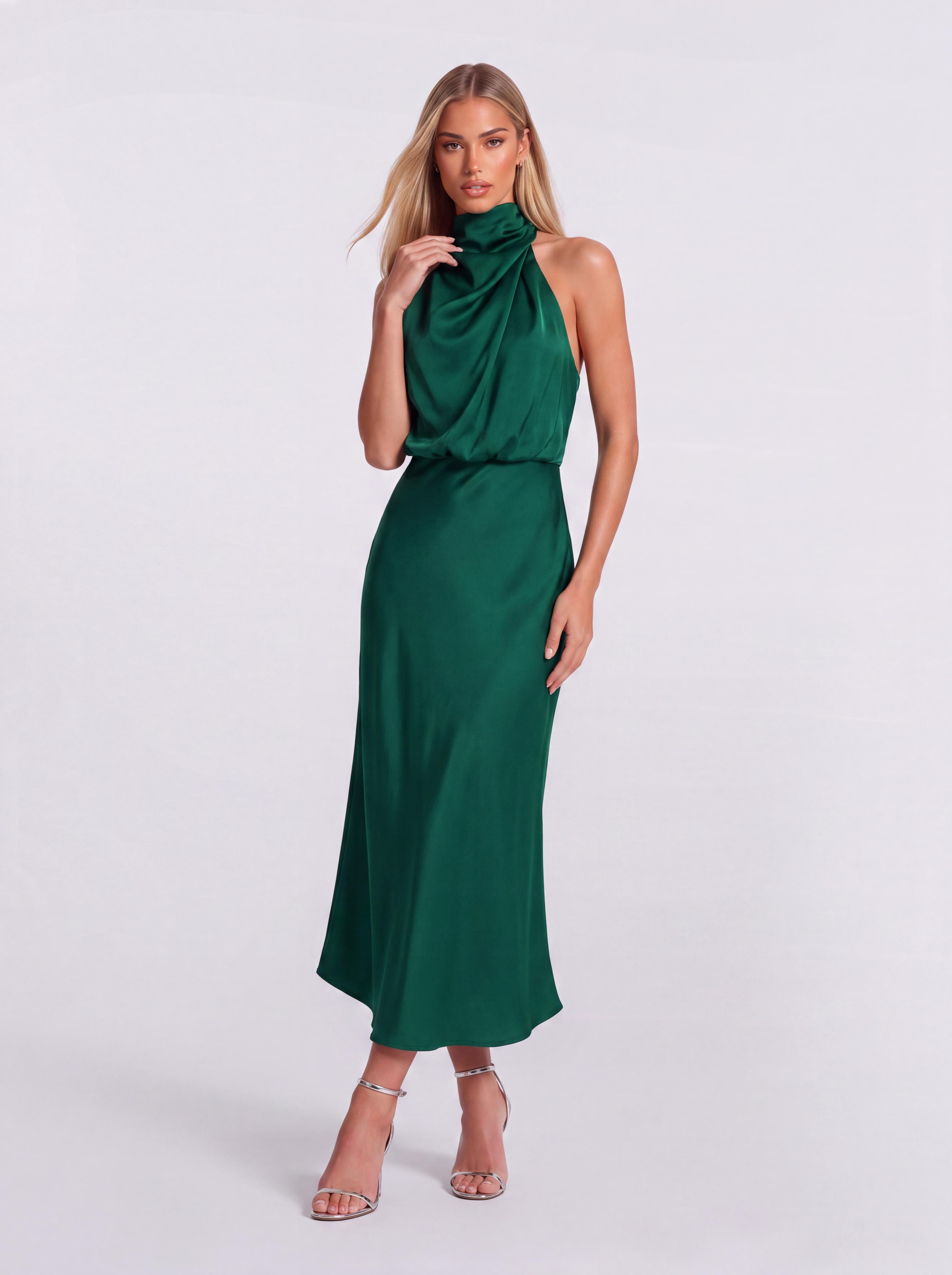 Slim-Fit Fishtail Mid-Length Neck Satin Dress