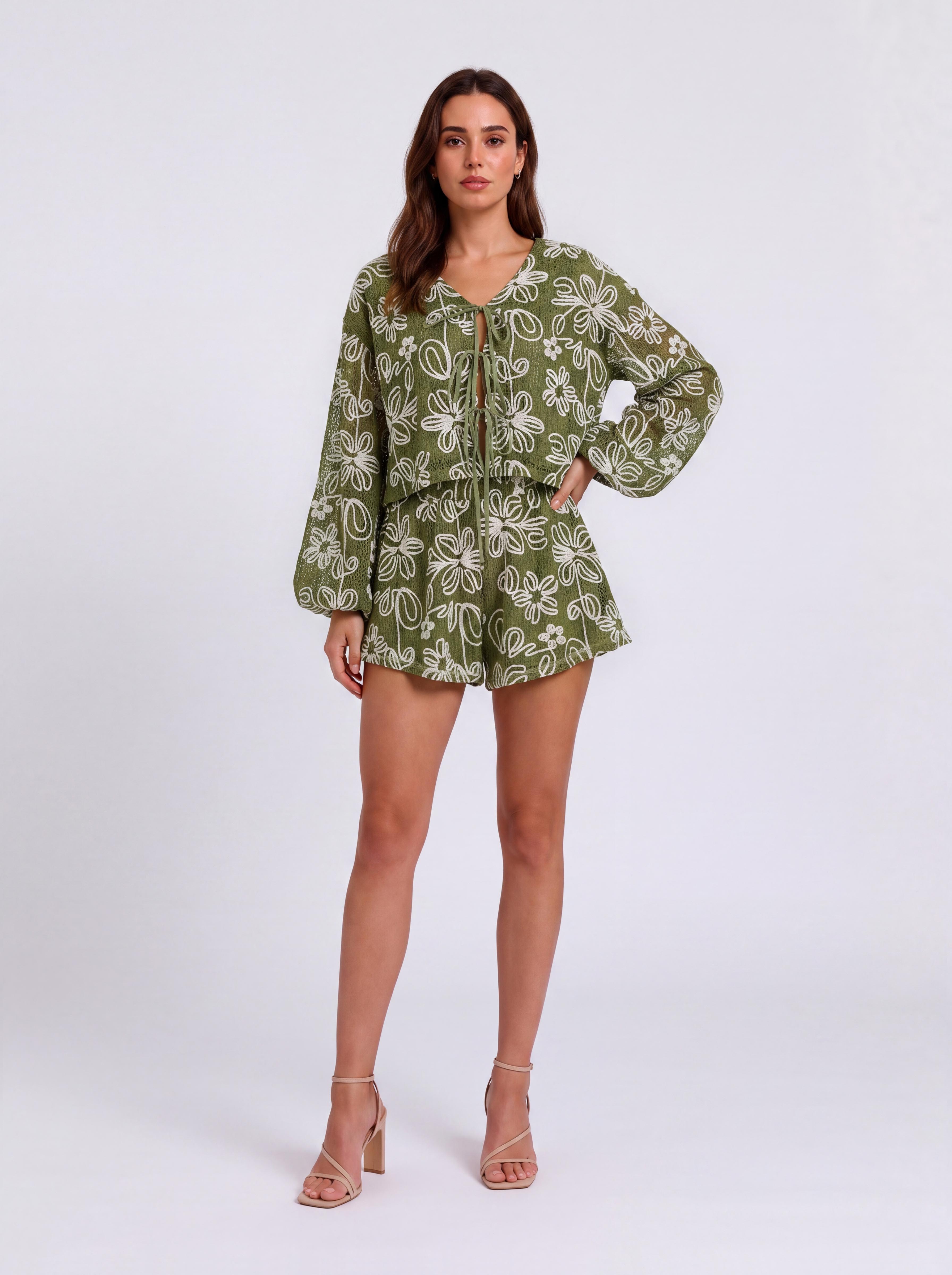 V-Neck Long-Sleeved Lace-Up Top Shorts Holiday Two-Piece Set