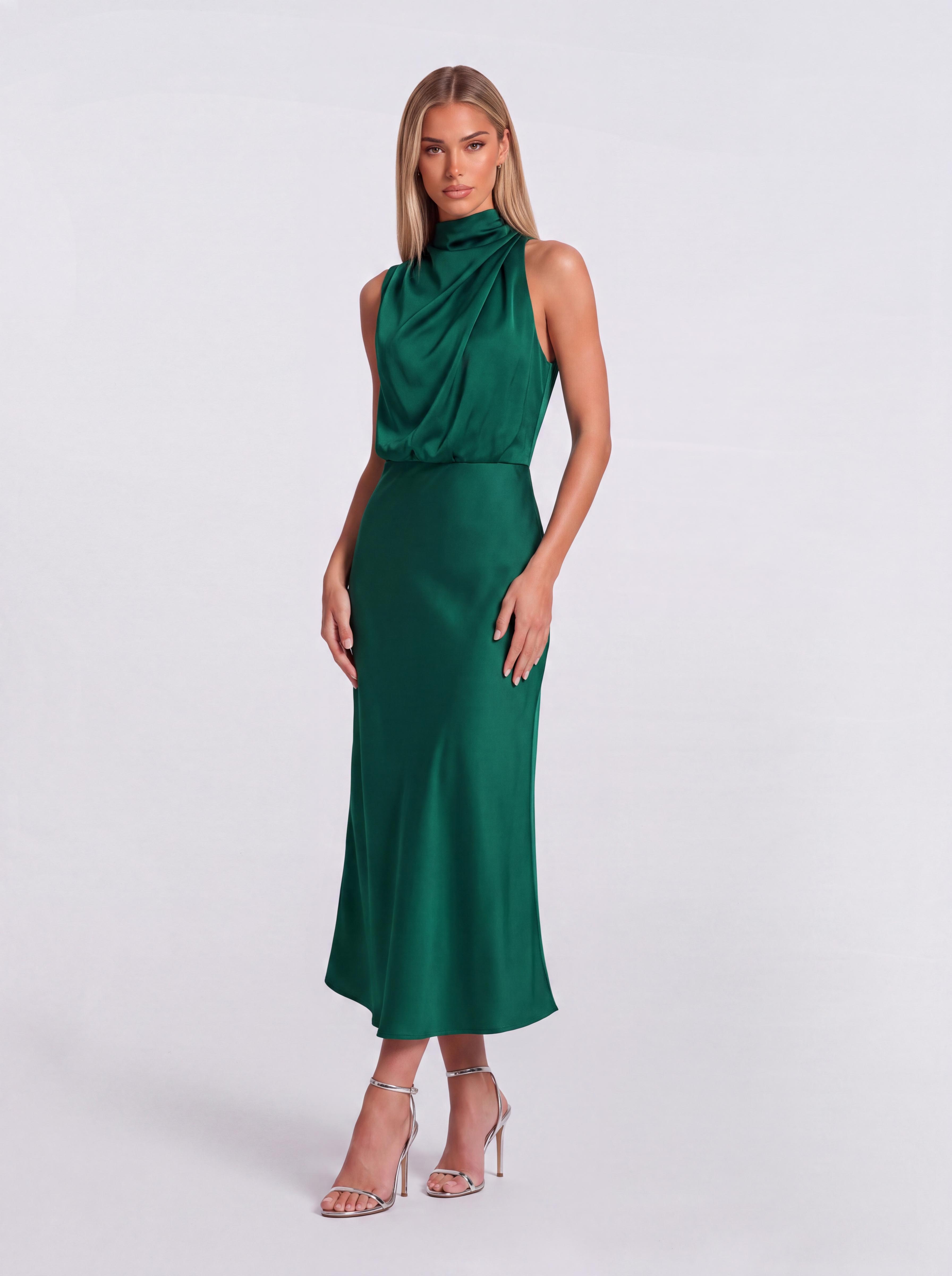 Slim-Fit Fishtail Mid-Length Neck Satin Dress