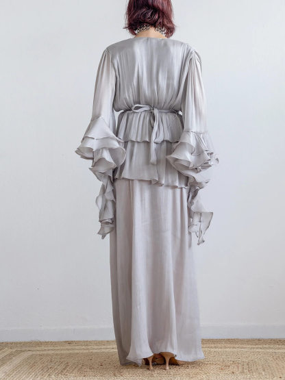 Elegant V-Neck Ruffle Ruched Chiffon Maxi Dress