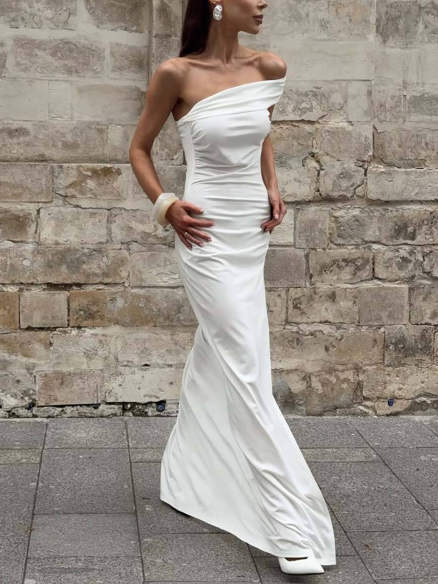 Off-shoulder Pleated Side Slit Maxi Dress