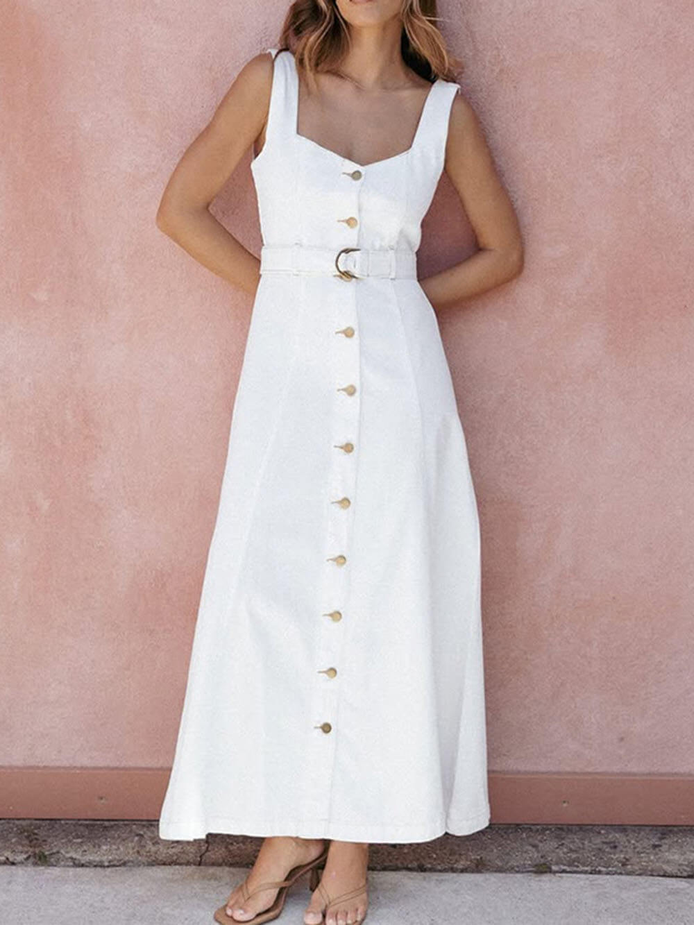 Exquisite Sexy Suspender Solid Color High Waist Sleeveless Button Lace-up Dress