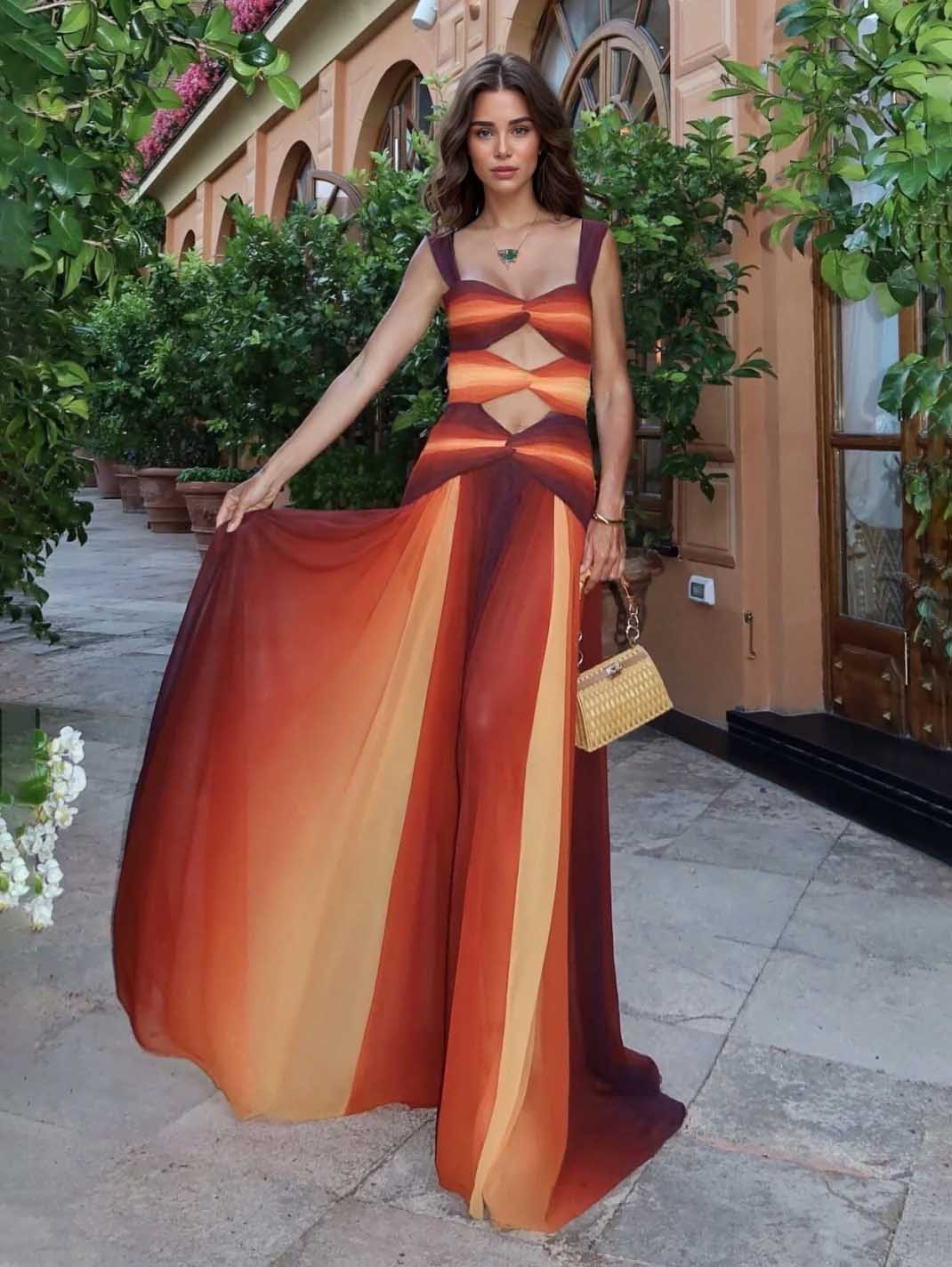 Elegant Gradient Print Sexy Hollow Maxi Dress