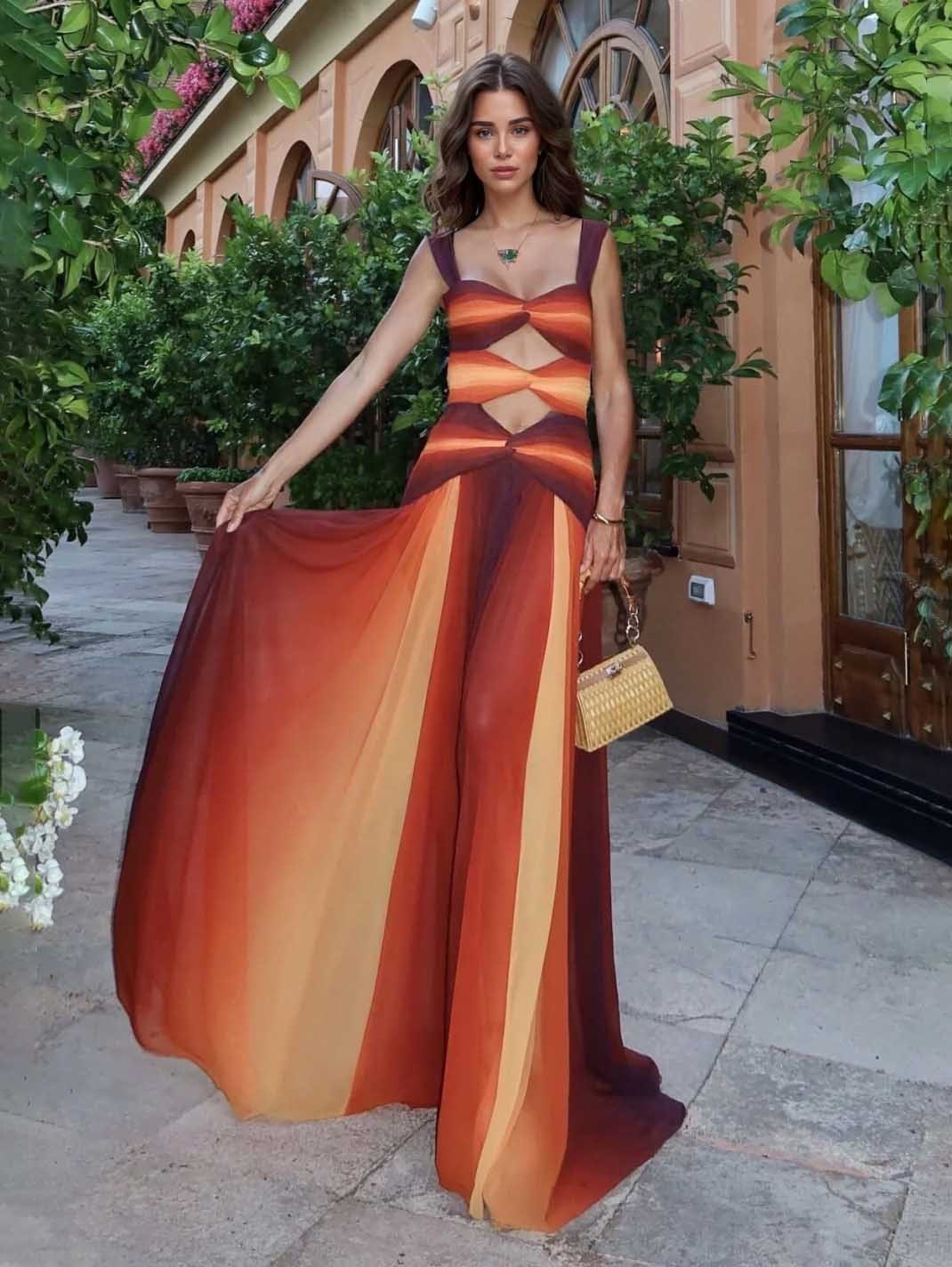 Elegant Gradient Print Sexy Hollow Maxi Dress