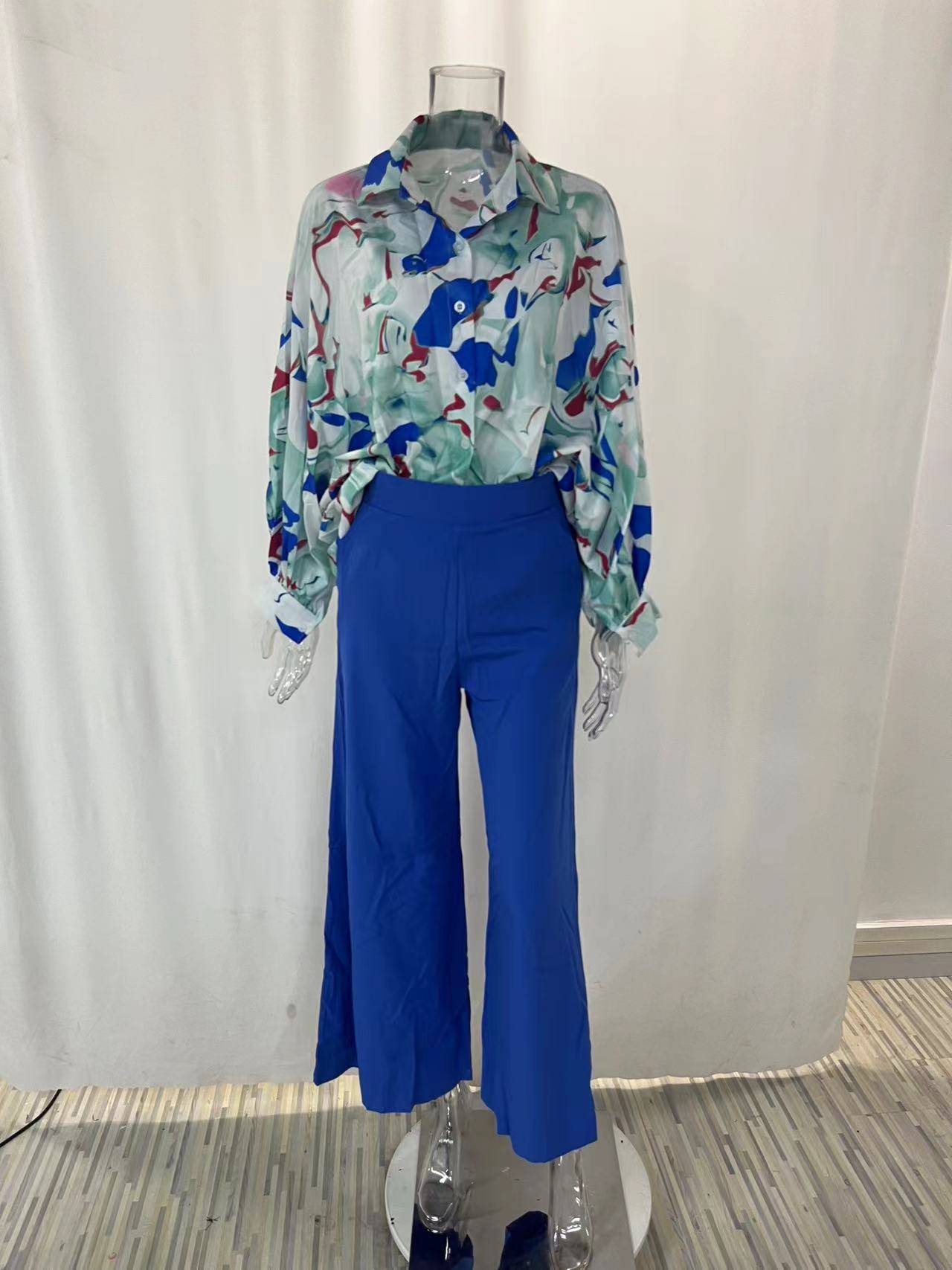 Printed Shirt Wide Leg Pants Suit