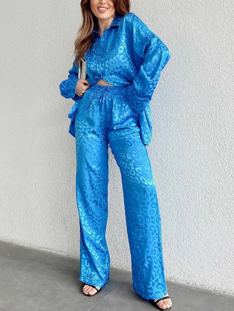 Leopard Print Loose Shirt Wide Leg Pants Casual Suit
