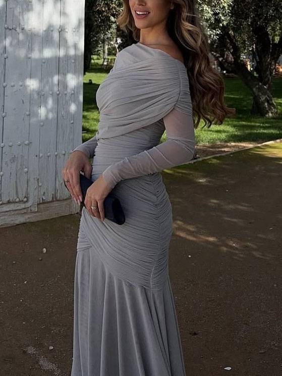 Cross Pleated Design Long Sleeve Maxi Dress