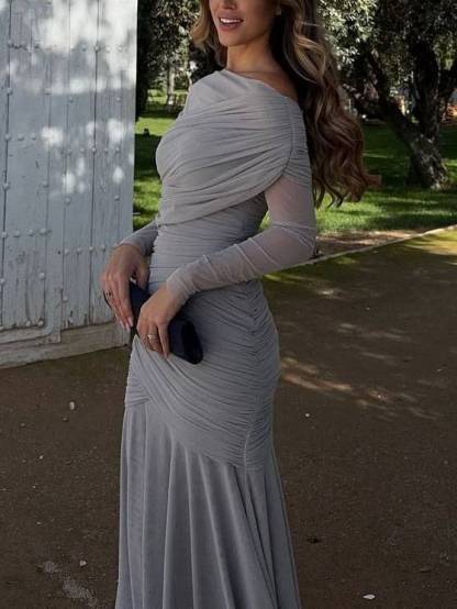 Cross Pleated Design Long Sleeve Maxi Dress