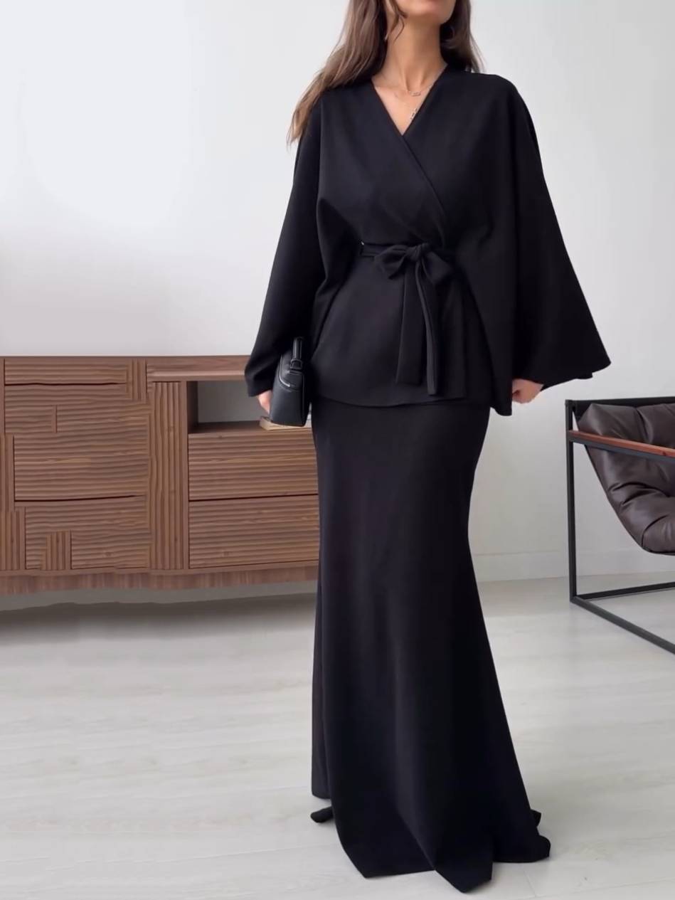 Lace-Up Long Sleeve Top And Skirt Set