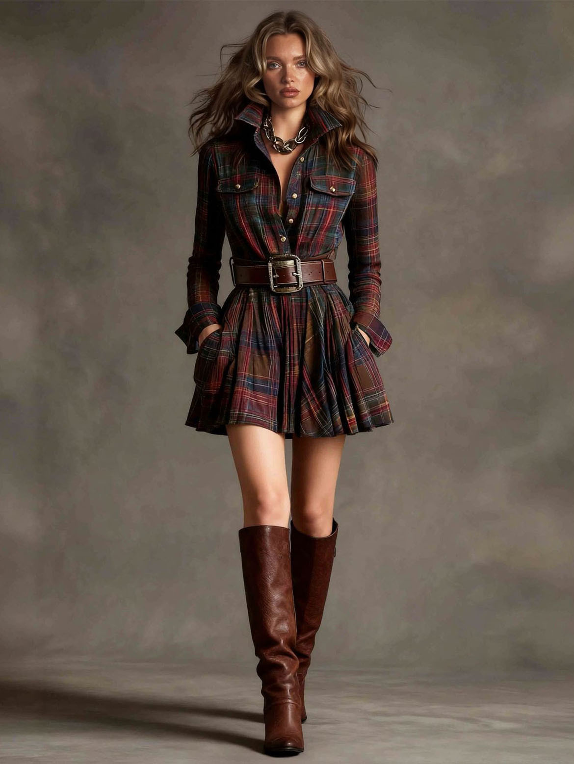 Retro Plaid Single-breasted Mini Dress
