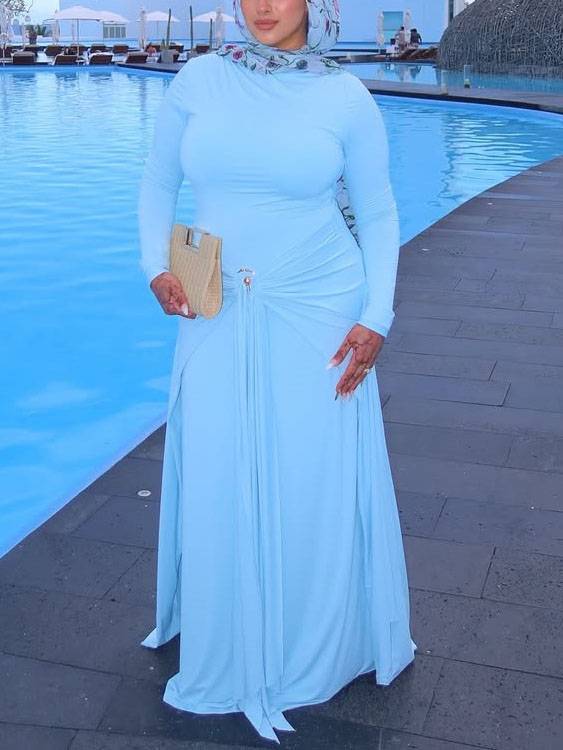 Metal Buckle Design Long Sleeve Maxi Dress