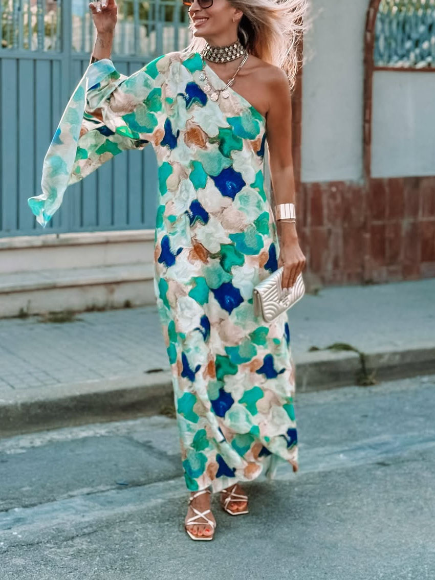 Asymmetric Neckline One-Sleeve Printed Chiffon Dress