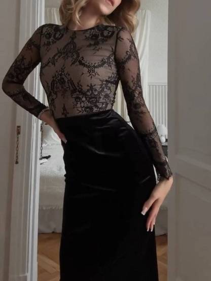 Velvet Lace Splicing Waist Design Dress