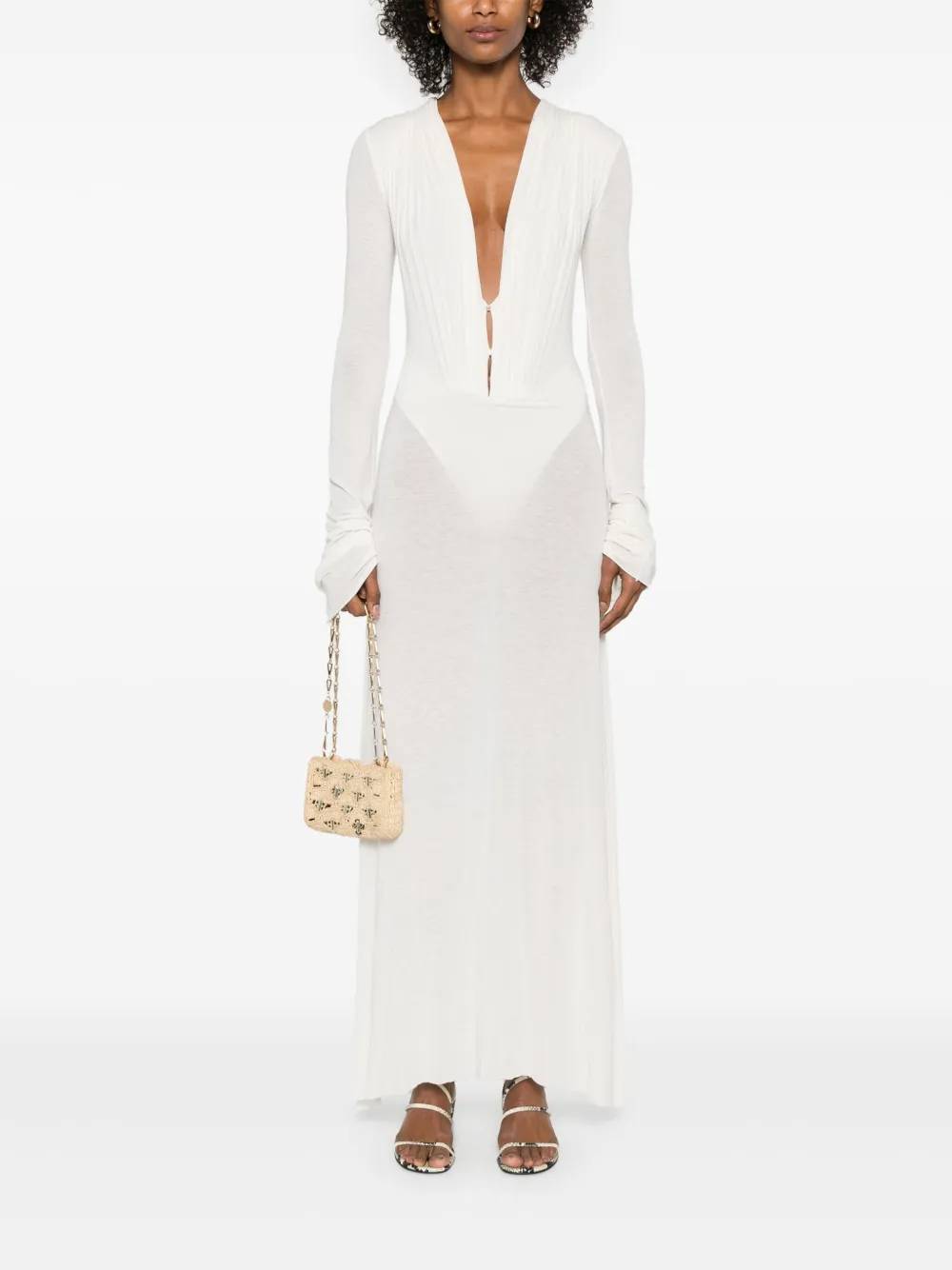 Deep V-neck Semi-transparent Long Sleeve Maxi Dress