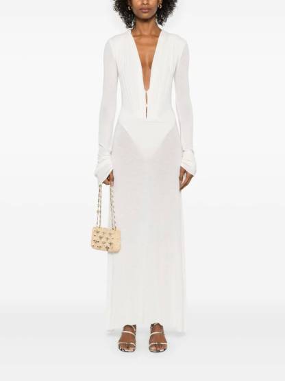 Deep V-neck Semi-transparent Long Sleeve Maxi Dress