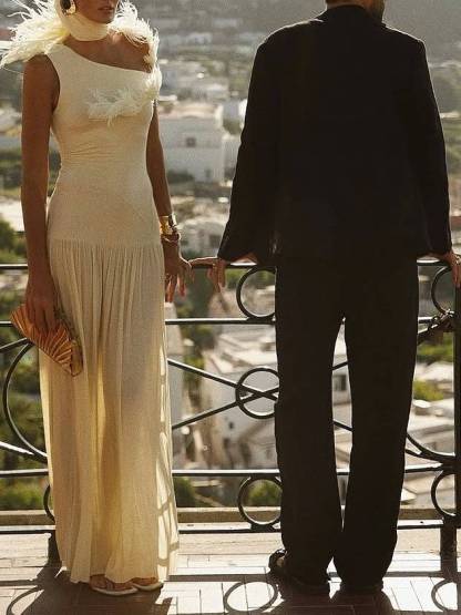 Unique off-shoulder Feather Maxi Dress