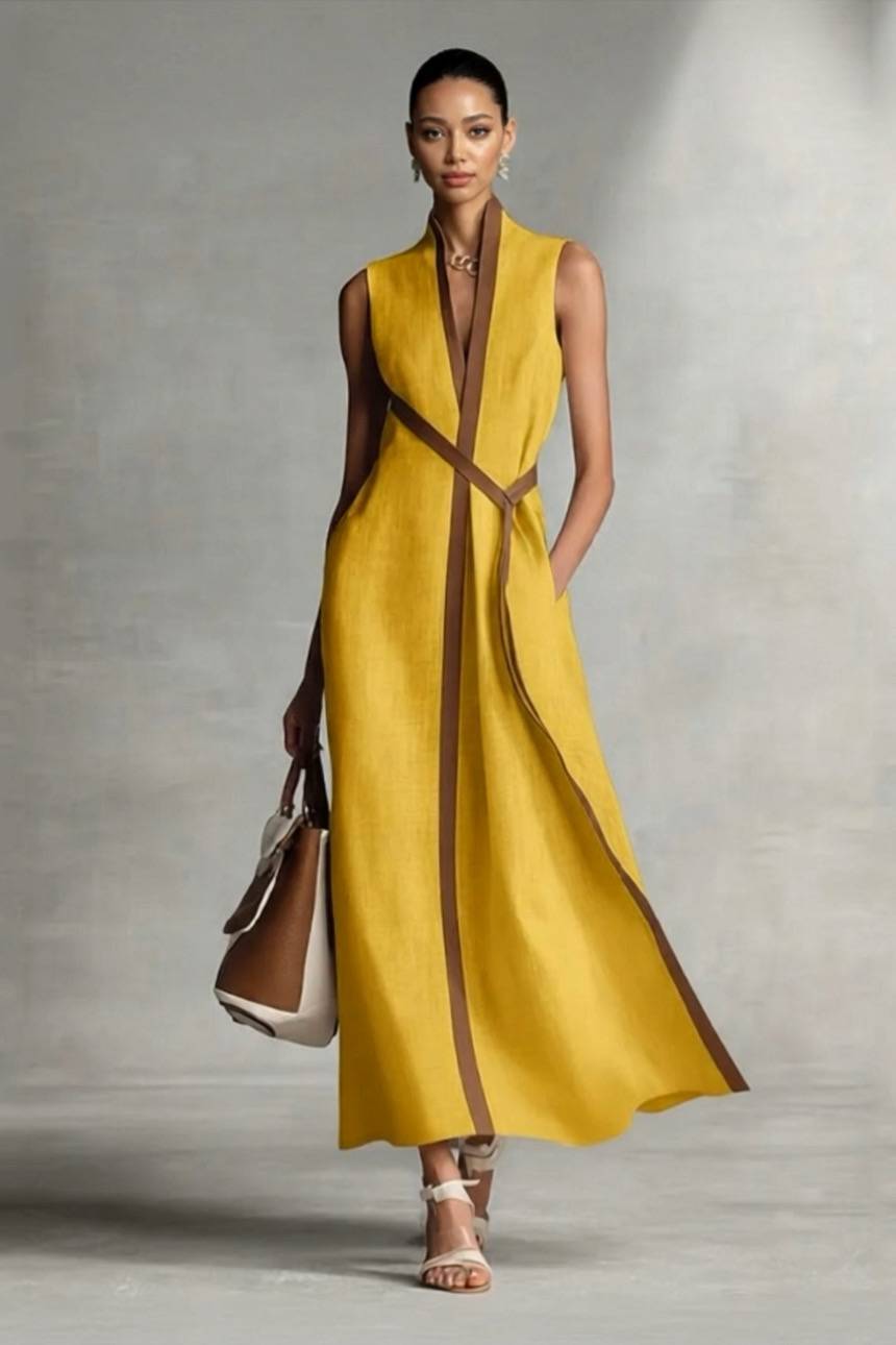 Stand Collar Lace-up Maxi Dress