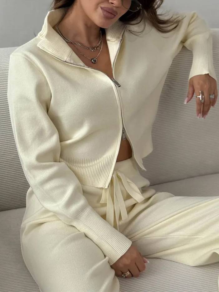 Casual Knitted Cardigan And Wide Leg Pants Suit
