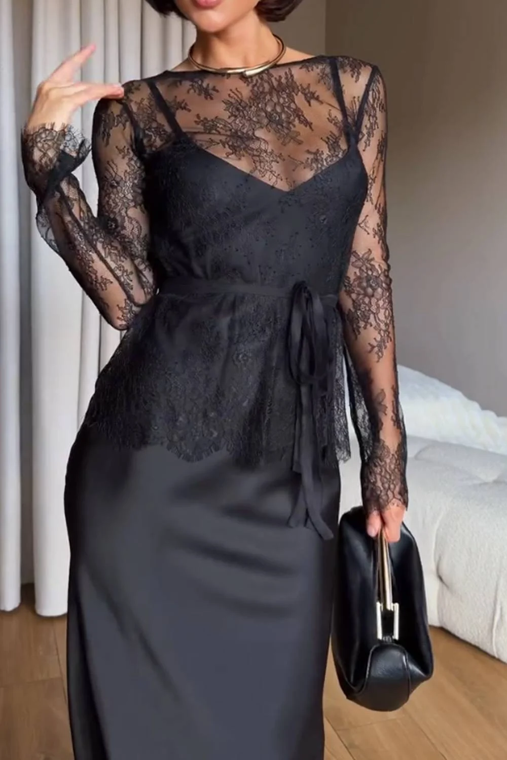 Women's Black Sheer Lace Long Sleeve Top and Satin Midi Skirt Two Piece Set