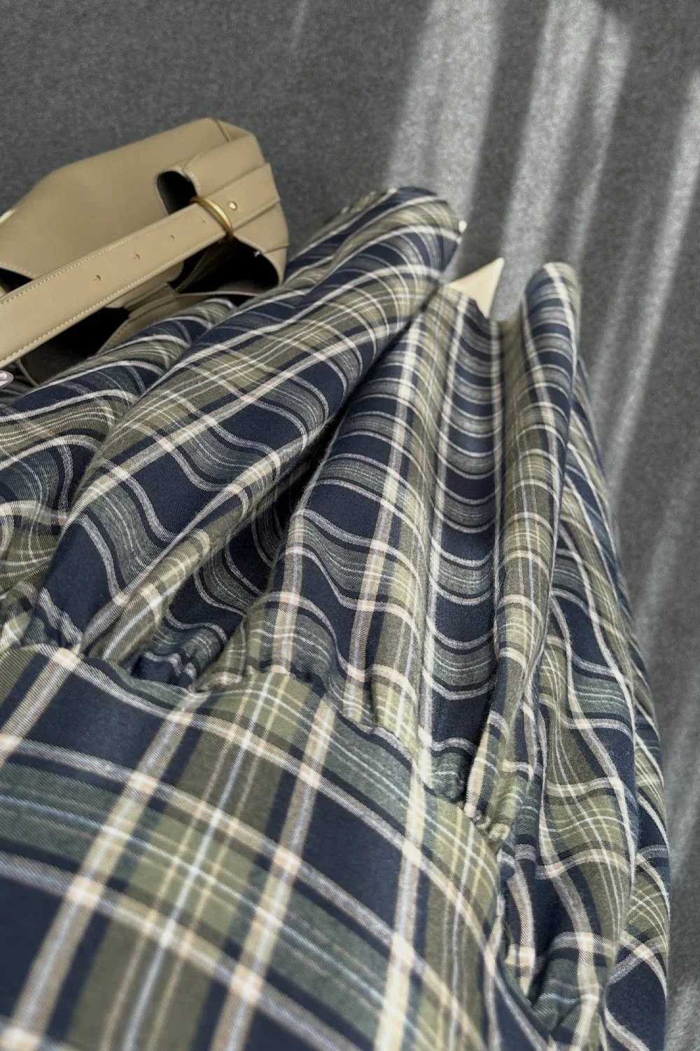 Short Sleeve Mock Neck Knit Top and High Waist Plaid Flared Skirt Two Piece Set