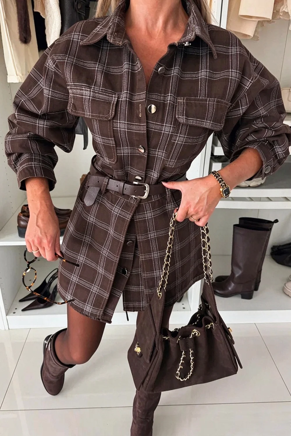 Women's Brown Plaid Long Sleeve Button Down Shirt and Mini Skirt Two Piece Set