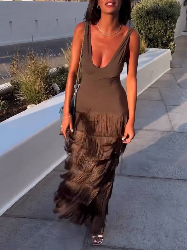 U-neck Tassel Maxi Dress