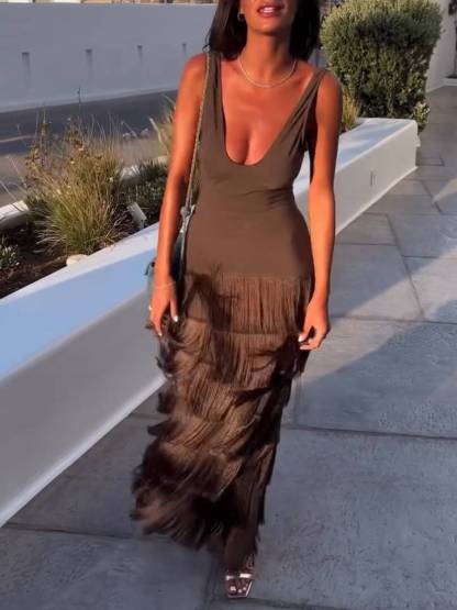 U-neck Tassel Maxi Dress