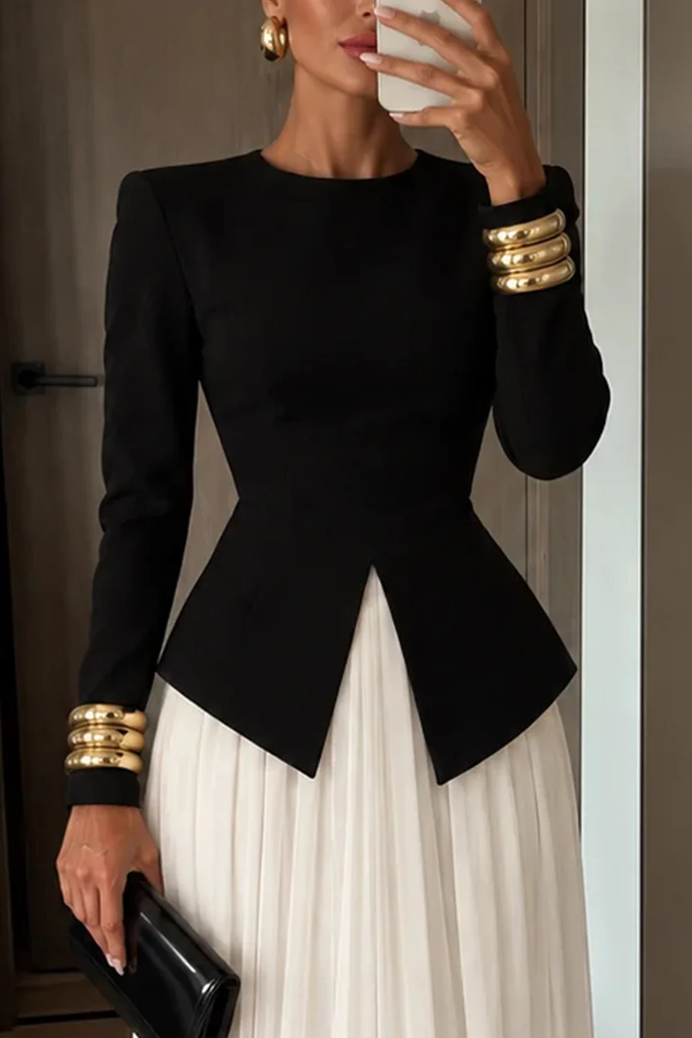Elegant Long Sleeve Peplum Split Top and Pleated Maxi Skirt Two Piece Set [erp-image:75e94c9f4744b8b1a159d1e6]