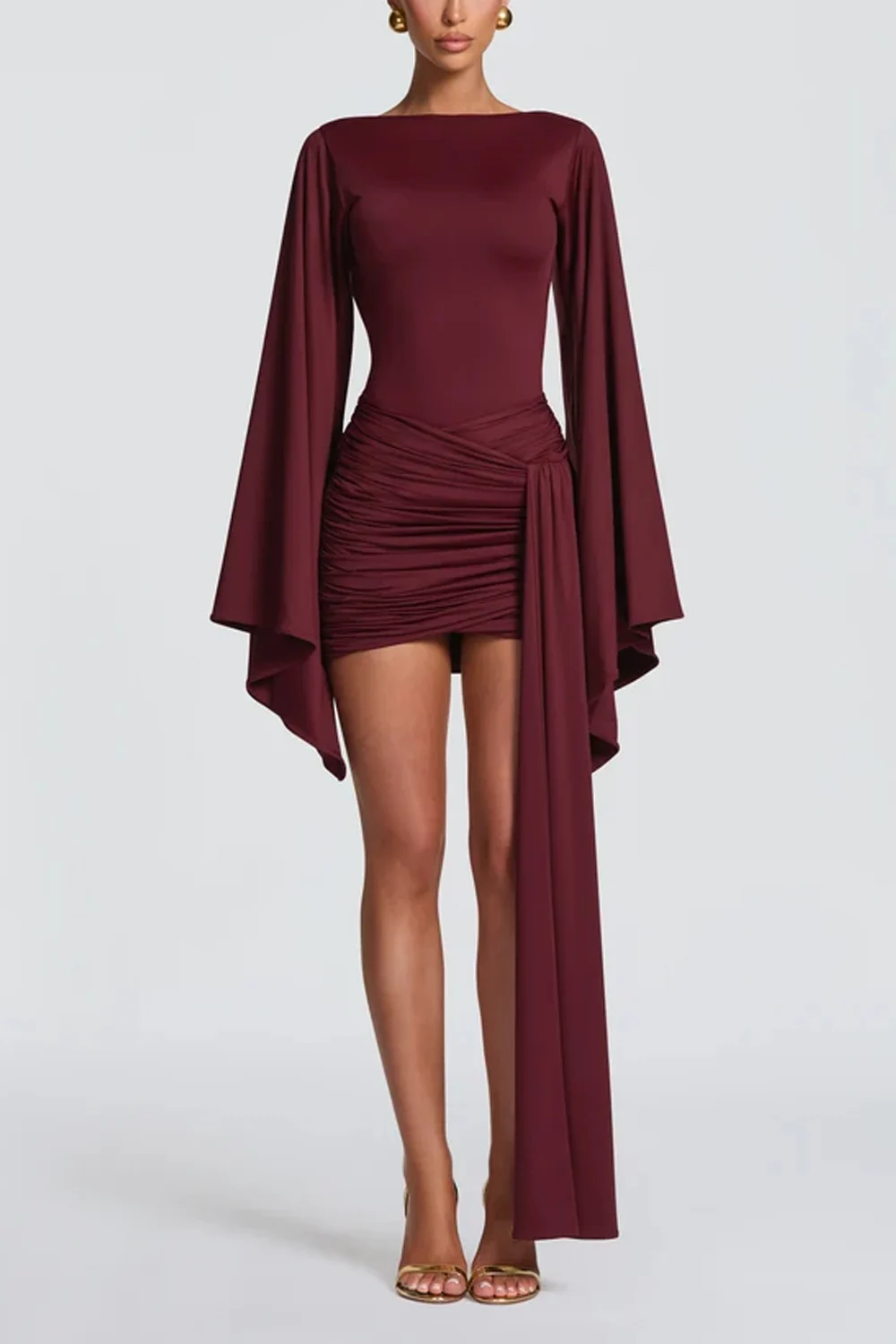 Boat Neck Flared Long Sleeve Ruched Mini Dress with Draped Sash [erp-image:1b45b0f61188fe2a134d0a37]