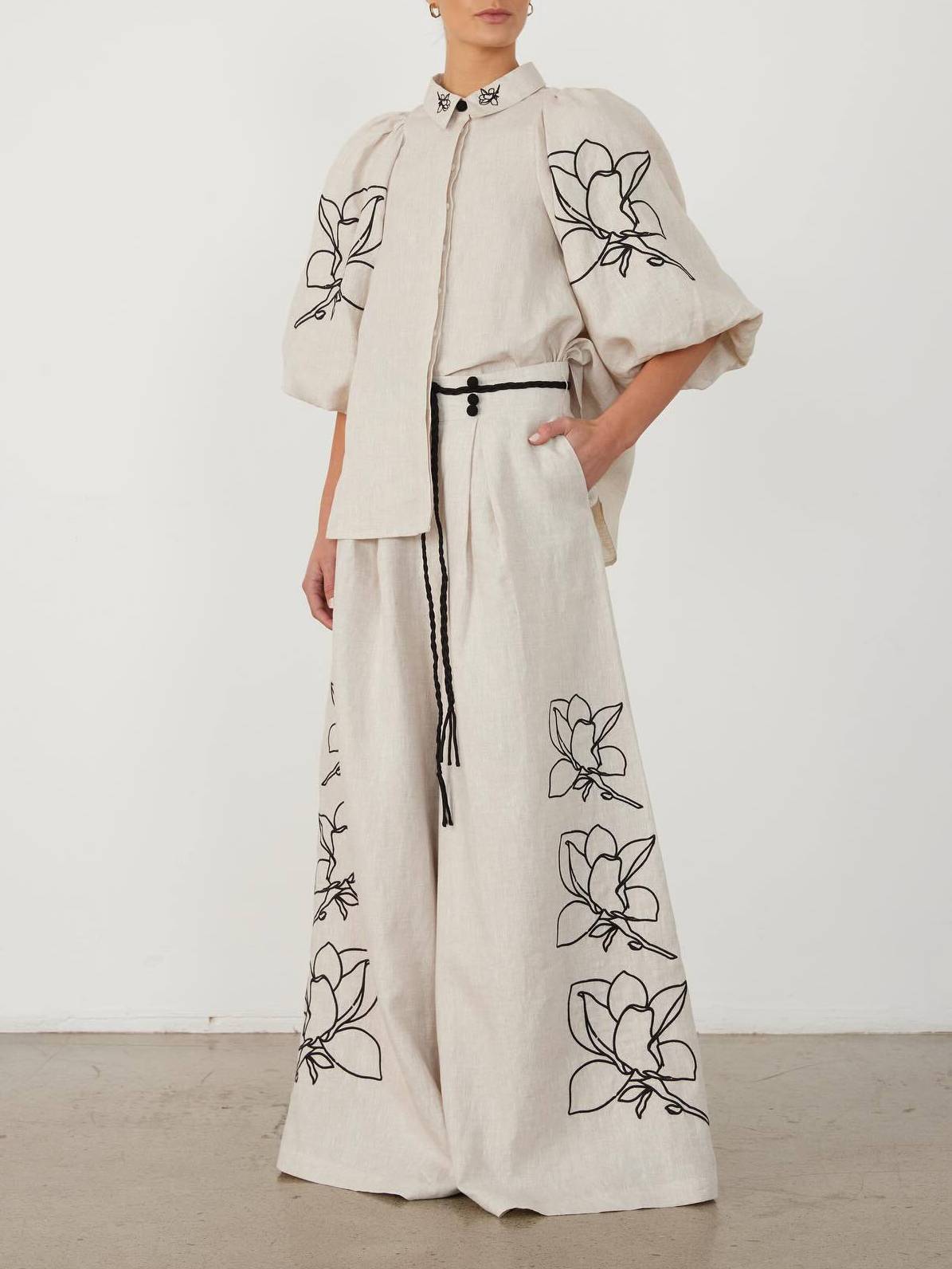 Vintage Pastoral Printed Wide-Leg Pants