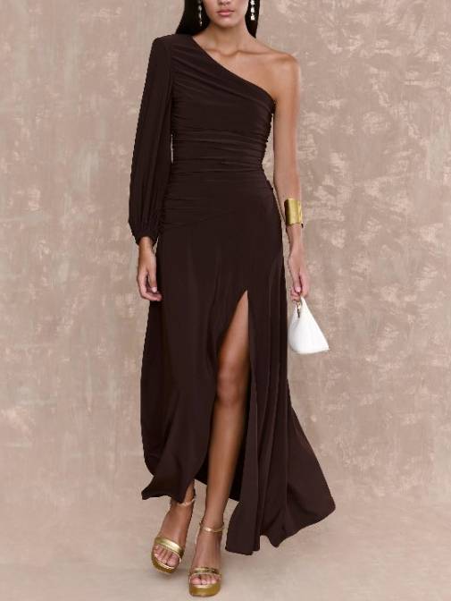 Off-shoulder Single-sleeve Front Slit Maxi Dress