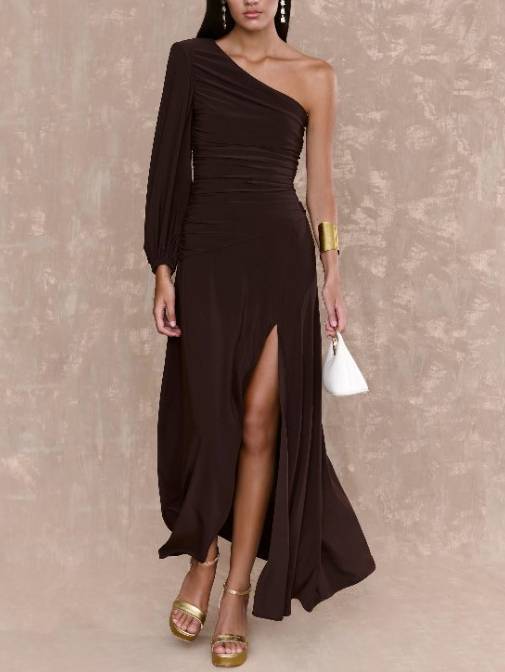 Off-shoulder Single-sleeve Front Slit Maxi Dress