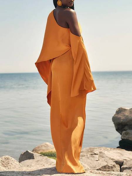 Off-Shoulder Asymmetric Slit Maxi Dress